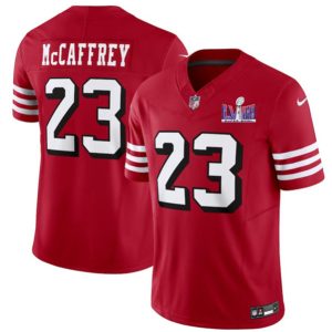 Men San Francisco 49ers #23 Christian McCaffrey New Red 2024 F.U.S.E. Super Bowl LVIII Patch Vapor Untouchable Limited Football Stitched Jersey