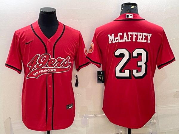 Men San Francisco 49ers #23 Christian McCaffrey New Red With Patch Cool Base Stitched Baseball Jersey