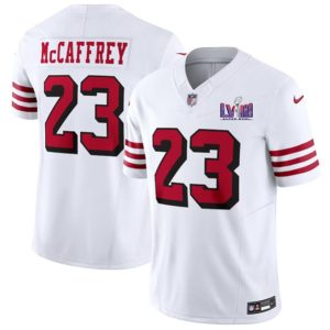 Men San Francisco 49ers #23 Christian McCaffrey New White 2024 F.U.S.E. Super Bowl LVIII Patch Vapor Untouchable Limited Football Stitched Jersey