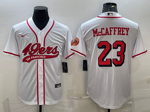 Men San Francisco 49ers #23 Christian McCaffrey New White With Patch Cool Base Stitched Baseball Jersey