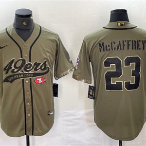 Men San Francisco 49ers #23 Christian McCaffrey Olive Salute to Service With Patch Cool Base Stitched Baseball Jersey