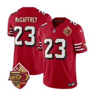 Men San Francisco 49ers #23 Christian McCaffrey Red 2023 F.U.S.E. 50th Patch Throwback Football Stitched Jersey