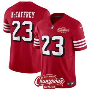 Men San Francisco 49ers #23 Christian McCaffrey Red 2023 F.U.S.E. NFC West Champions Patch Alternate Football Stitched Jersey