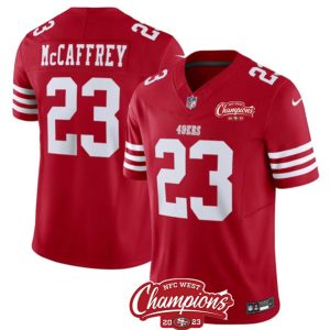 Men San Francisco 49ers #23 Christian McCaffrey Red 2023 F.U.S.E. NFC West Champions Patch Football Stitched Jersey