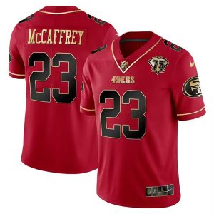 Men San Francisco 49ers #23 Christian McCaffrey Red Gold 75 Anniversary Patch Limited Stitched Football Jersey