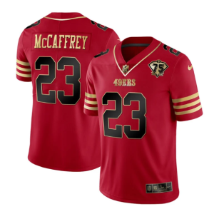 Men San Francisco 49ers #23 Christian McCaffrey Red Gold With 75th Patch Cool Base Stitched Jersey