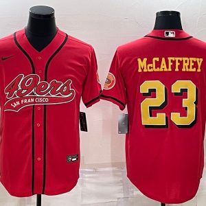 Men San Francisco 49ers #23 Christian McCaffrey Red Gold With Patch Cool Base Stitched Baseball Jersey