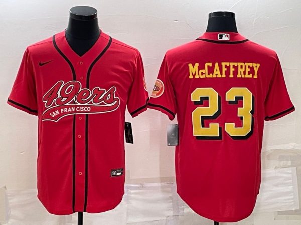 Men San Francisco 49ers #23 Christian McCaffrey Red Gold With Patch Cool Base Stitched Baseball Jersey