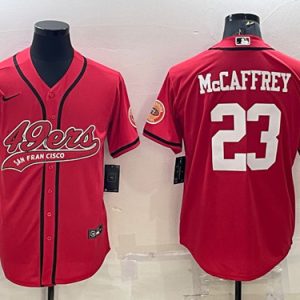 Men San Francisco 49ers #23 Christian McCaffrey Red With Patch Cool Base Stitched Baseball Jersey