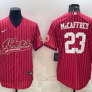 Men San Francisco 49ers #23 Christian McCaffrey Red With Patch Cool Base Stitched Baseball Jersey