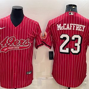 Men San Francisco 49ers #23 Christian McCaffrey Red With Patch Cool Base Stitched Baseball Jersey