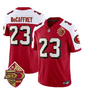 Men San Francisco 49ers #23 Christian McCaffrey Red/White 2023 F.U.S.E. 50th Patch Throwback Football Stitched Jersey