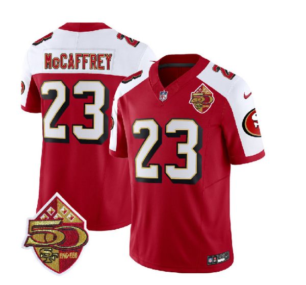 Men San Francisco 49ers #23 Christian McCaffrey Red/White 2023 F.U.S.E. 50th Patch Throwback Football Stitched Jersey