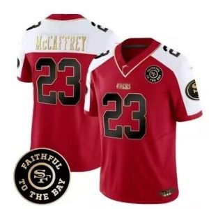 Men San Francisco 49ers #23 Christian McCaffrey Red/White 2023 F.U.S.E. Faithful To The Bay Patch Football Stitched Jersey