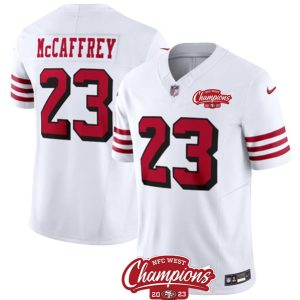 Men San Francisco 49ers #23 Christian McCaffrey White 2023 F.U.S.E. NFC West Champions Patch Alternate Football Stitched Jersey