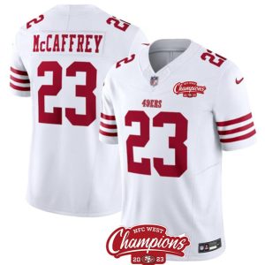 Men San Francisco 49ers #23 Christian McCaffrey White 2023 F.U.S.E. NFC West Champions Patch Football Stitched Jersey