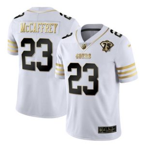 Men San Francisco 49ers #23 Christian McCaffrey White Gold With 75th Patch Stitched Jersey