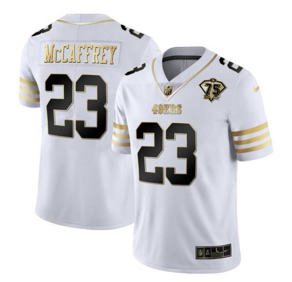 Men San Francisco 49ers #23 Christian McCaffrey White Gold With 75th Patch Stitched Jersey