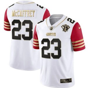 Men San Francisco 49ers #23 Christian McCaffrey White/Red With 75th Anniversary Patch Stitched Jersey