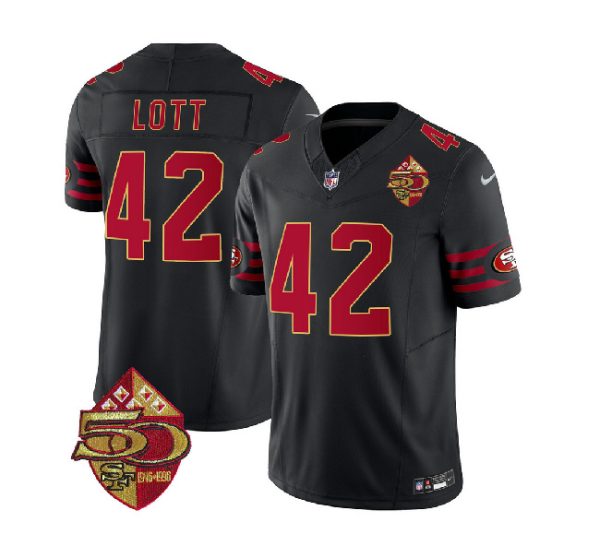 Men San Francisco 49ers #42 Ronnie Lott Black 2023 F.U.S.E. 50th Patch Throwback Football Stitched Jersey