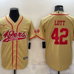 Men San Francisco 49ers #42 Ronnie Lott Gold With Patch Cool Base Stitched Baseball Jersey