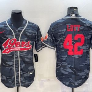 Men San Francisco 49ers #42 Ronnie Lott Grey Red Camo With Patch Cool Base Stitched Baseball Jersey