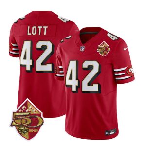 Men San Francisco 49ers #42 Ronnie Lott Red 2023 F.U.S.E. 50th Patch Throwback Football Stitched Jersey