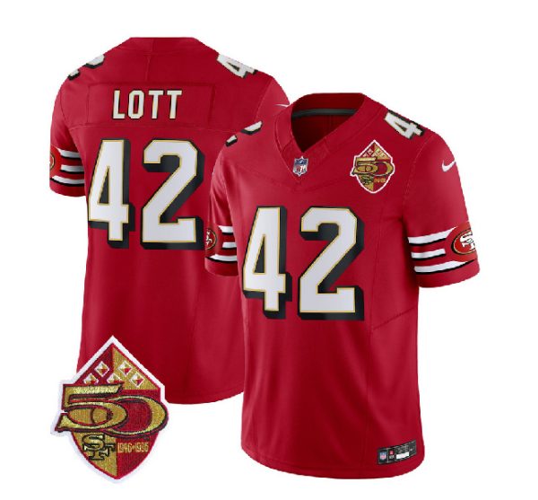 Men San Francisco 49ers #42 Ronnie Lott Red 2023 F.U.S.E. 50th Patch Throwback Football Stitched Jersey