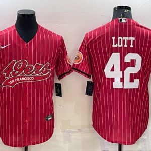 Men San Francisco 49ers #42 Ronnie Lott Red With Patch Cool Base Stitched Baseball Jersey