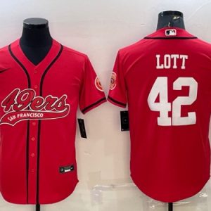 Men San Francisco 49ers #42 Ronnie Lott Red With Patch Cool Base Stitched Baseball Jersey