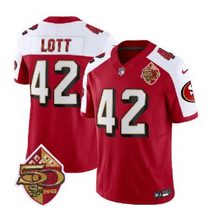 Men San Francisco 49ers #42 Ronnie Lott Red/White 2023 F.U.S.E. 50th Patch Throwback Football Stitched Jersey