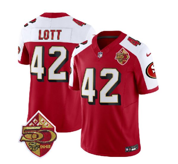 Men San Francisco 49ers #42 Ronnie Lott Red/White 2023 F.U.S.E. 50th Patch Throwback Football Stitched Jersey