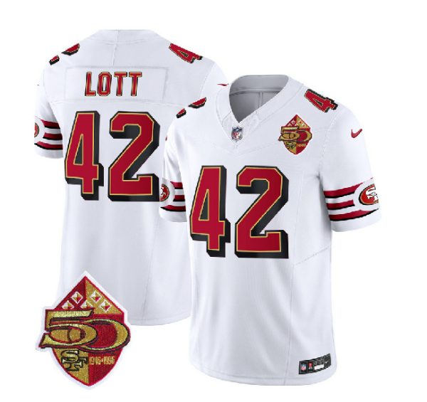 Men San Francisco 49ers #42 Ronnie Lott White 2023 F.U.S.E. 50th Patch Throwback Football Stitched Jersey