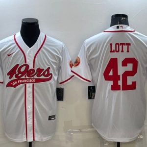 Men San Francisco 49ers #42 Ronnie Lott White With Patch Cool Base Stitched Baseball Jersey