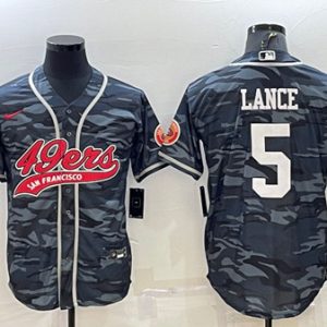 Men San Francisco 49ers #5 Trey Lance Gray Camo With Patch Cool Base Stitched Baseball Jersey