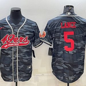 Men San Francisco 49ers #5 Trey Lance Gray Red Camo With Patch Cool Base Stitched Baseball Jersey