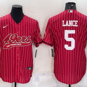 Men San Francisco 49ers #5 Trey Lance Red With Patch Cool Base Stitched Baseball Jersey