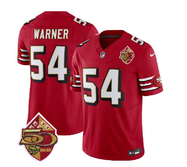 Men San Francisco 49ers #54 Fred Warner Red 2023 F.U.S.E. 50th Patch Throwback Football Stitched Jersey