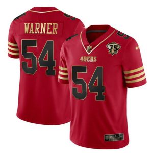 Men San Francisco 49ers #54 Fred Warner Red Gold With 75th Anniversary Patch Football Stitched Jersey