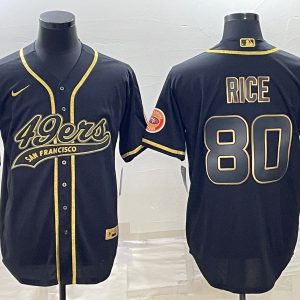 Men San Francisco 49ers #80 Jerry Rice Black Gold With Patch Cool Base Stitched Baseball Jersey