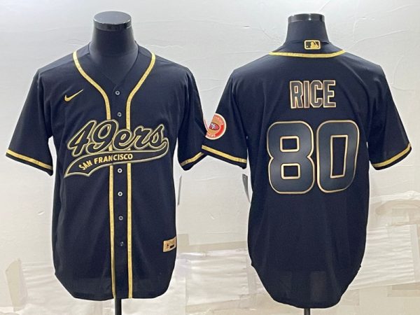 Men San Francisco 49ers #80 Jerry Rice Black Gold With Patch Cool Base Stitched Baseball Jersey