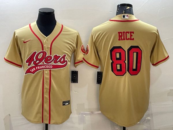 Men San Francisco 49ers #80 Jerry Rice New Gold With Patch Cool Base Stitched Baseball Jersey