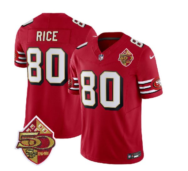 Men San Francisco 49ers #80 Jerry Rice Red 2023 F.U.S.E. 50th Patch Throwback Football Stitched Jersey