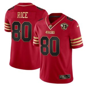 Men San Francisco 49ers #80 Jerry Rice Red Gold With 75th Anniversary Patch Football Stitched Jersey