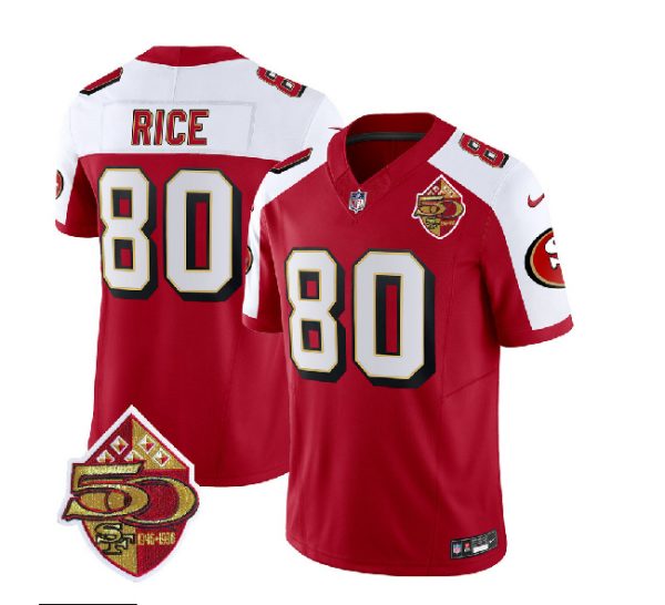 Men San Francisco 49ers #80 Jerry Rice Red/White 2023 F.U.S.E. 50th Patch Throwback Football Stitched Jersey