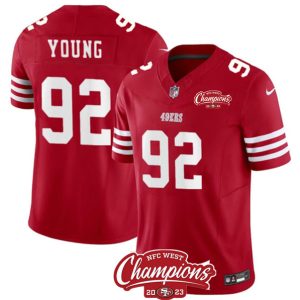 Men San Francisco 49ers #92 Chase Young Red 2023 F.U.S.E. NFC West Champions Patch Football Stitched Jersey