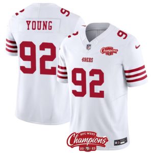 Men San Francisco 49ers #92 Chase Young White 2023 F.U.S.E. NFC West Champions Patch Football Stitched Jersey