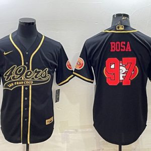 Men San Francisco 49ers #97 Nick Bosa Black Gold Team Big Logo With Patch Cool Base Stitched Baseball Jersey