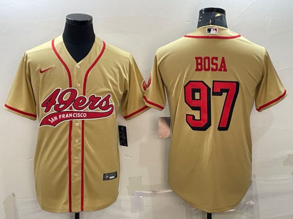 Men San Francisco 49ers #97 Nick Bosa New Gold With Patch Cool Base Stitched Baseball Jersey