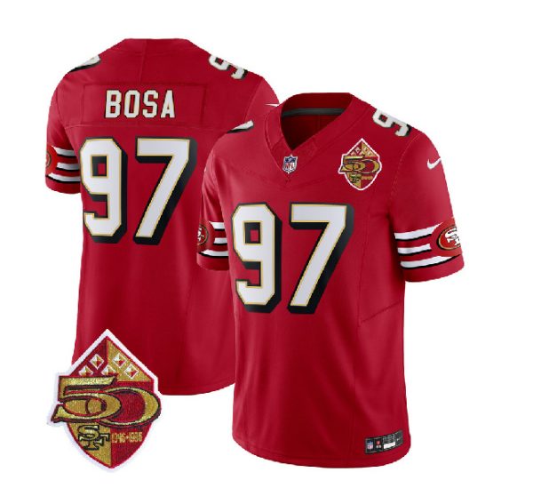 Men San Francisco 49ers #97 Nick Bosa Red 2023 F.U.S.E. 50th Patch Throwback Football Stitched Jersey